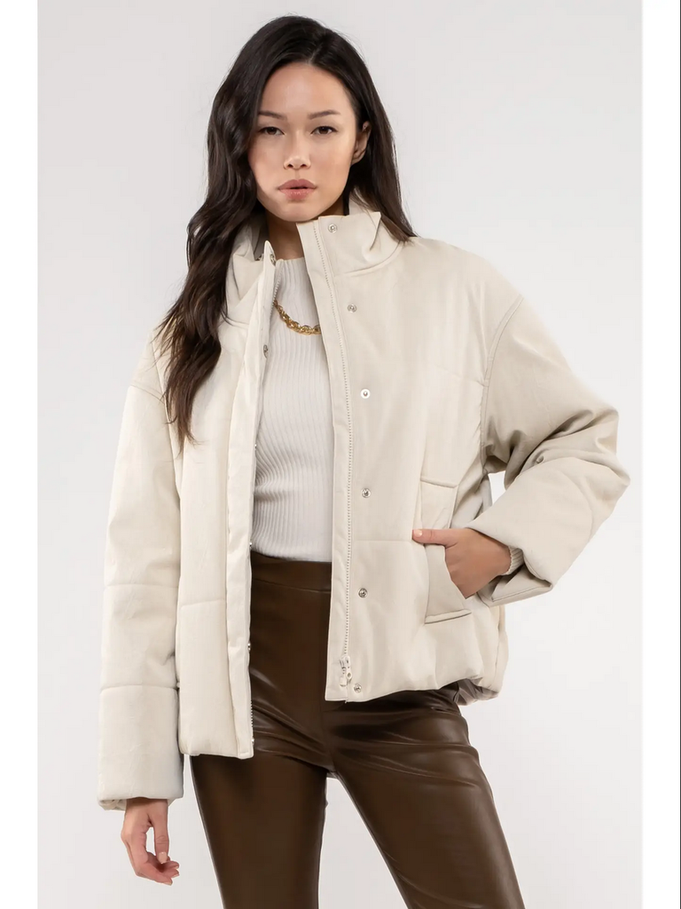 Moon River Turtle Neck Faux Leather Jacket in Beige