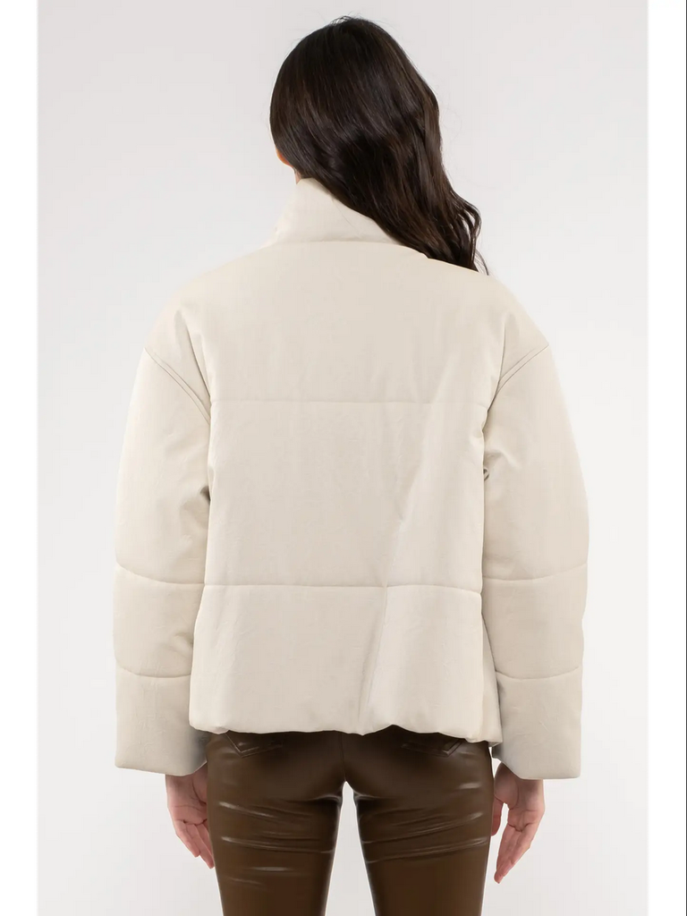 Moon River Turtle Neck Faux Leather Jacket in Beige
