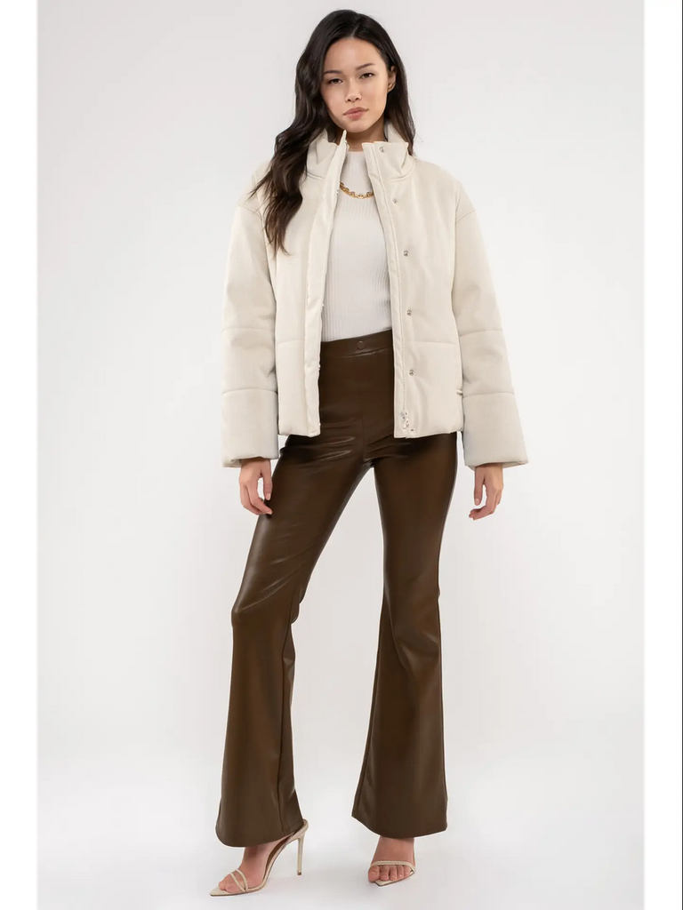 Moon River Turtle Neck Faux Leather Jacket in Beige