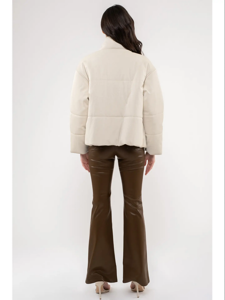 Moon River Turtle Neck Faux Leather Jacket in Beige