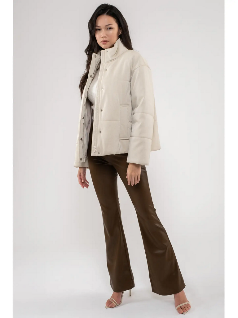 Moon River Turtle Neck Faux Leather Jacket in Beige