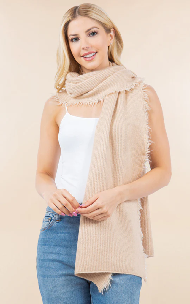 Blue Suede Soft Knit Ribbed Scarf with Fringes