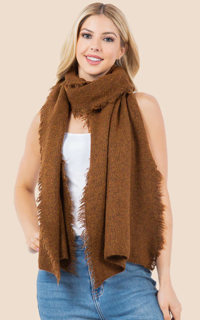 Blue Suede Soft Knit Ribbed Scarf with Fringes
