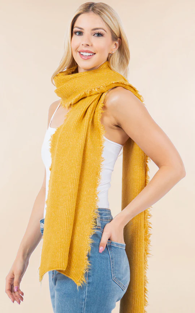 Blue Suede Soft Knit Ribbed Scarf with Fringes