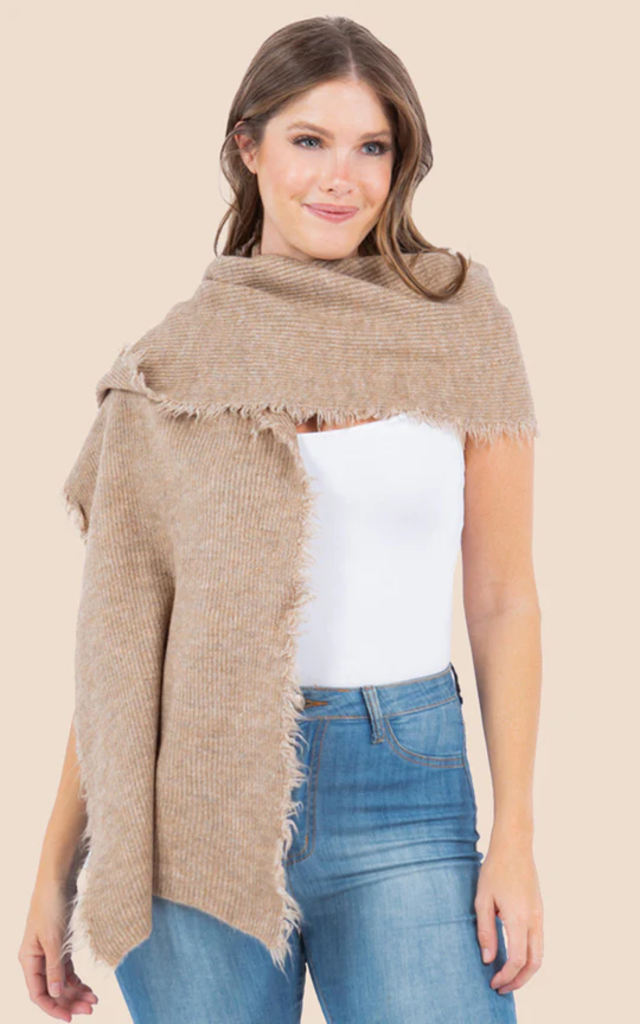 Blue Suede Soft Knit Ribbed Scarf with Fringes