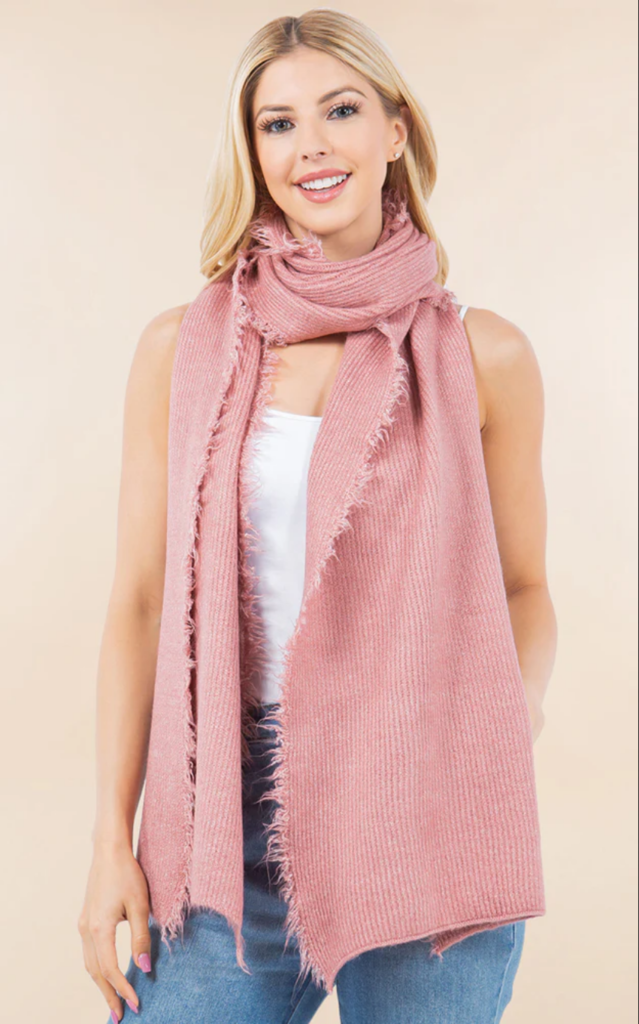 Blue Suede Soft Knit Ribbed Scarf with Fringes
