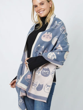 Blue Suede Cat Faces Patterned Scarf