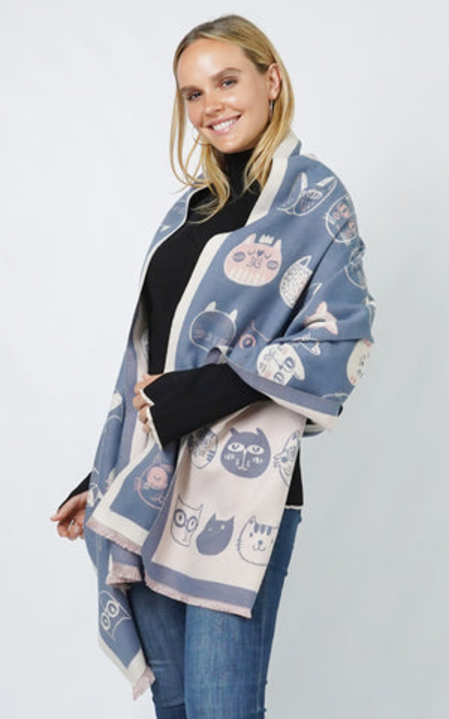 Blue Suede Cat Faces Patterned Scarf