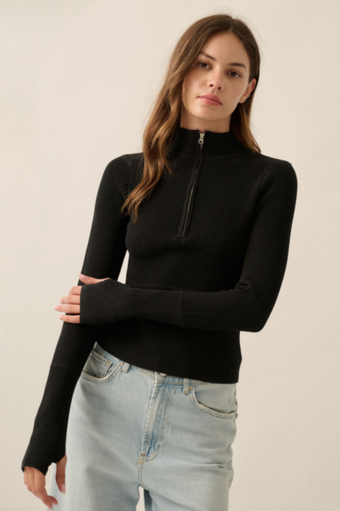 Promesa Shaper Fit Rib-Knit Half-Zip Thumb-Hole Top