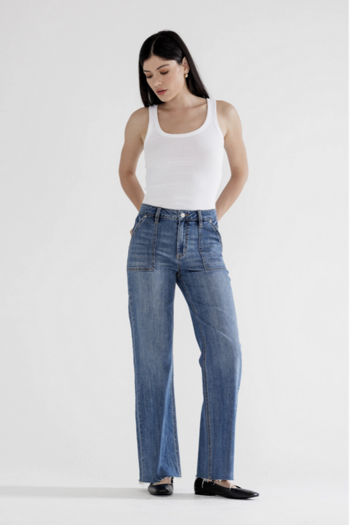 Mica Denim High Rise Wide Leg Utility Pocket Jeans