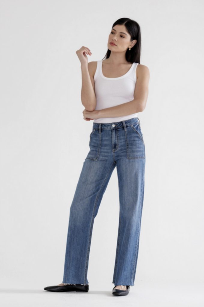 Mica Denim High Rise Wide Leg Utility Pocket Jeans