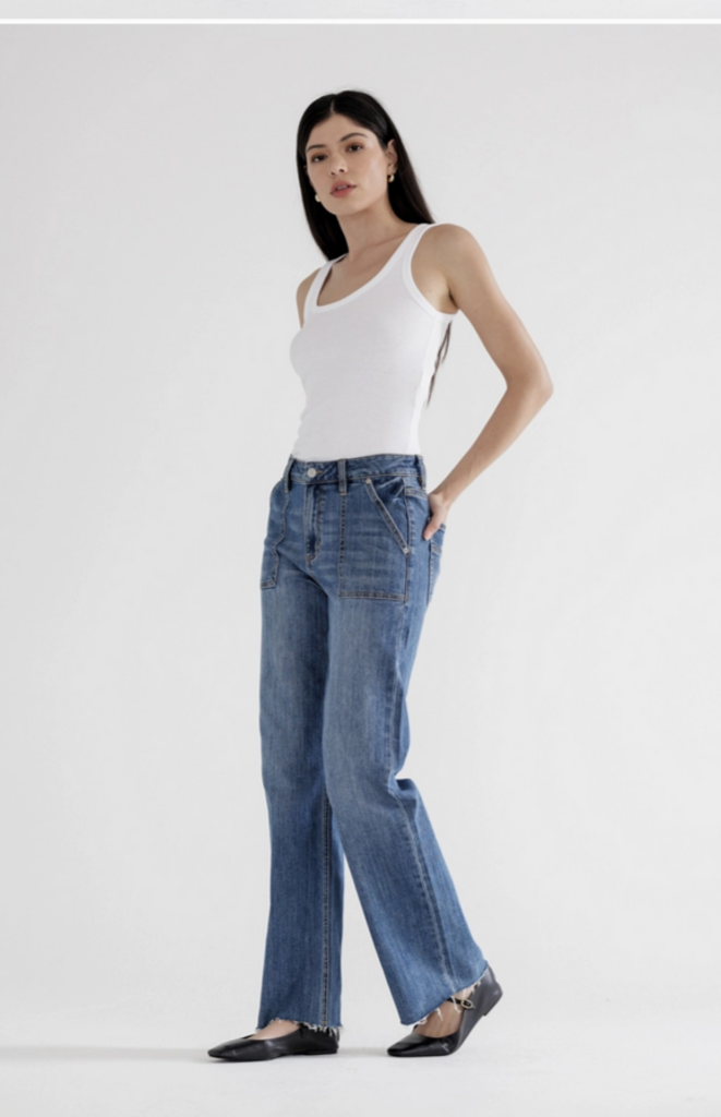 Mica Denim High Rise Wide Leg Utility Pocket Jeans