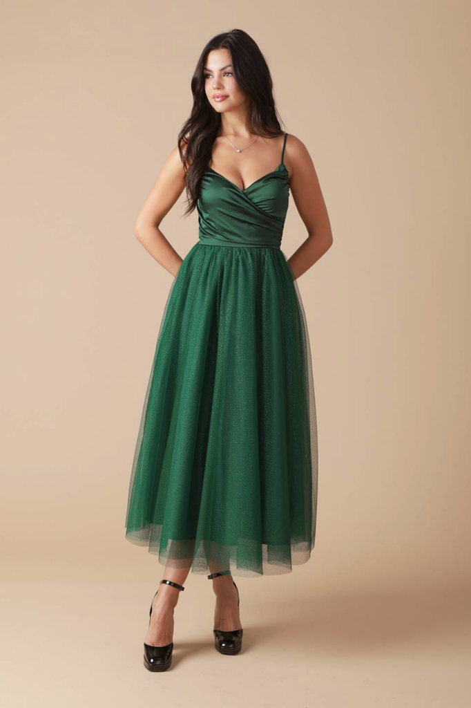Flying Tomato Green Solid Woven Midi Dress with Tulle Skirt