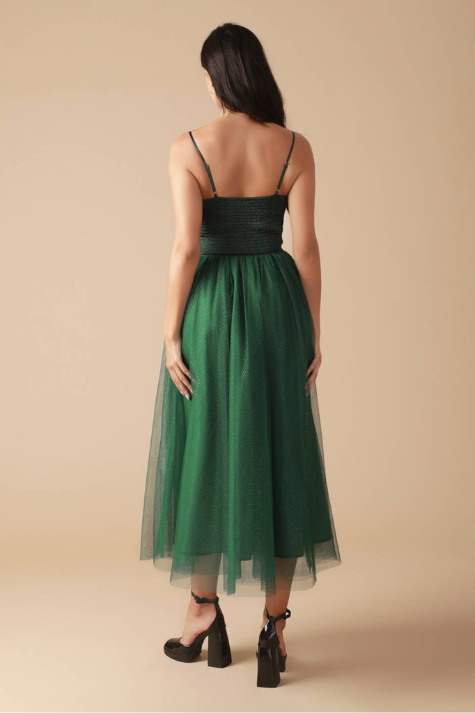 Flying Tomato Green Solid Woven Midi Dress with Tulle Skirt