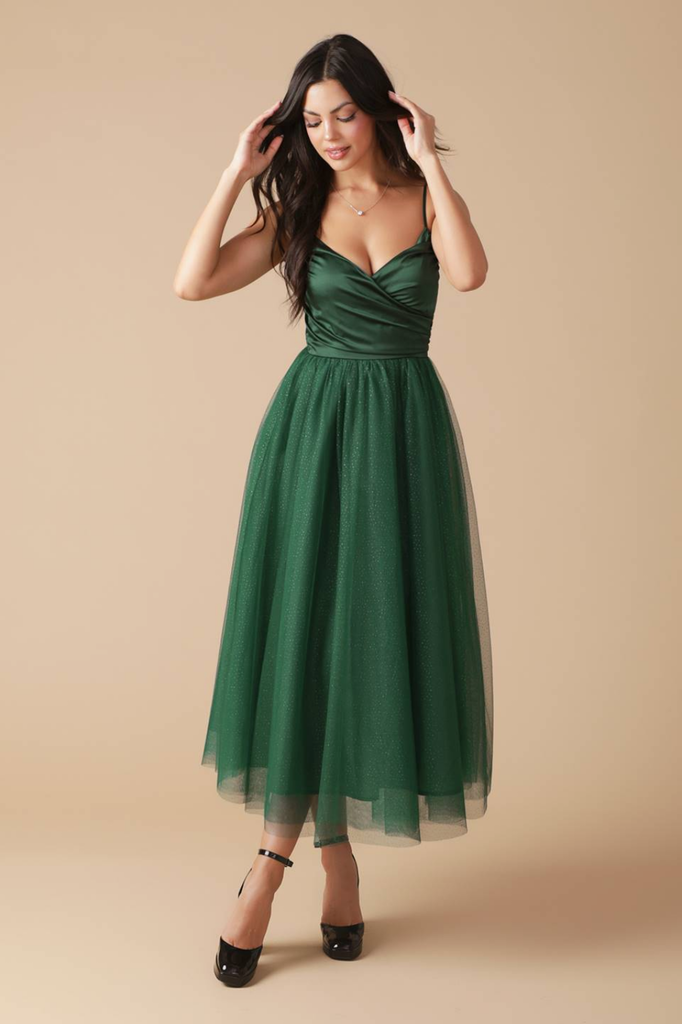 Flying Tomato Green Solid Woven Midi Dress with Tulle Skirt