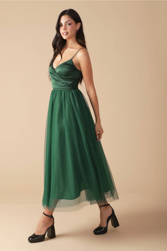 Flying Tomato Green Solid Woven Midi Dress with Tulle Skirt