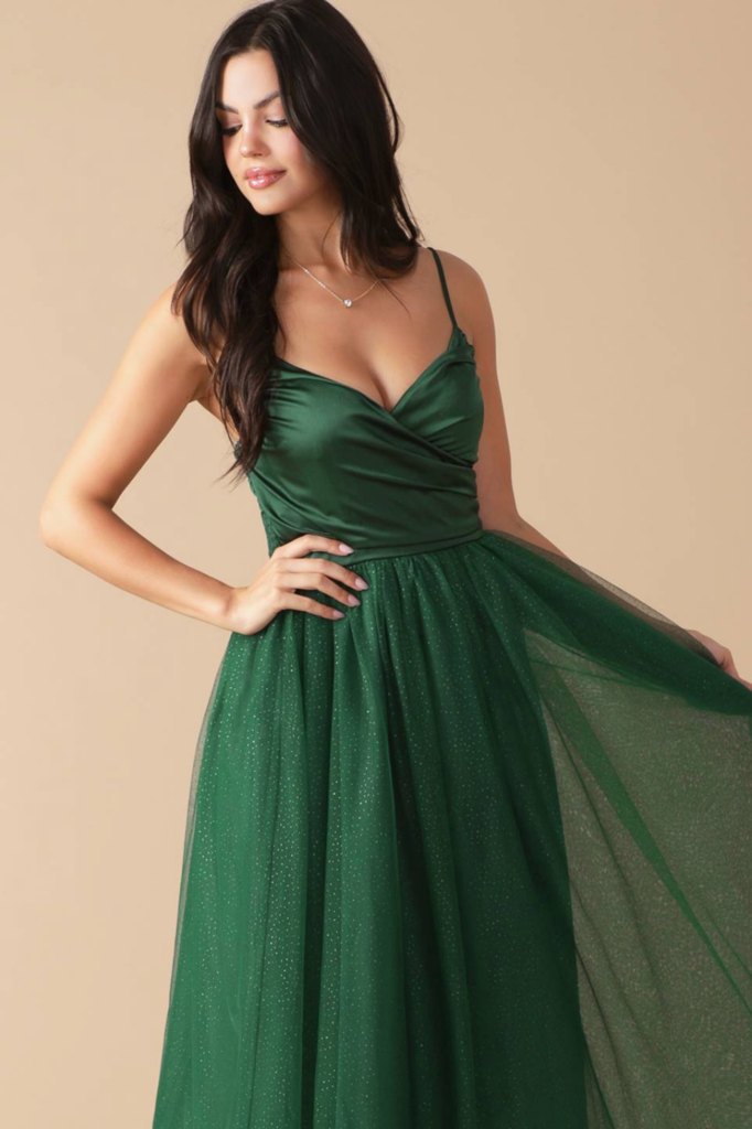 Flying Tomato Green Solid Woven Midi Dress with Tulle Skirt