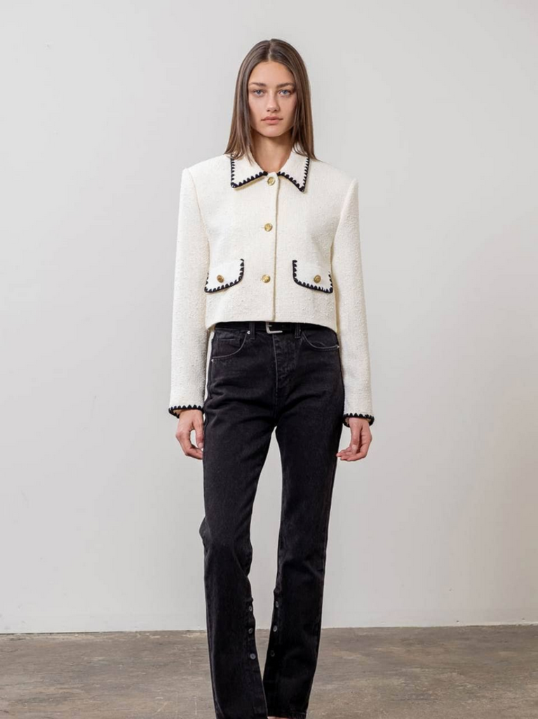 Moon River Crontrast Trim Cropped Blazer