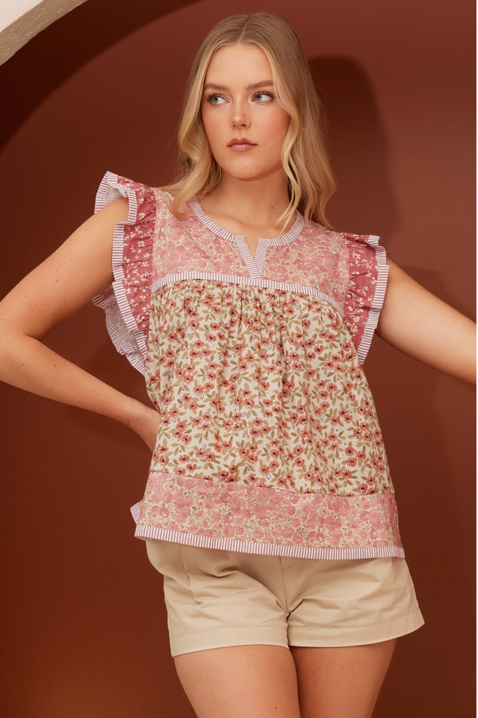 Mittoshop Patchwork Flower Ruffle Sleeve Top