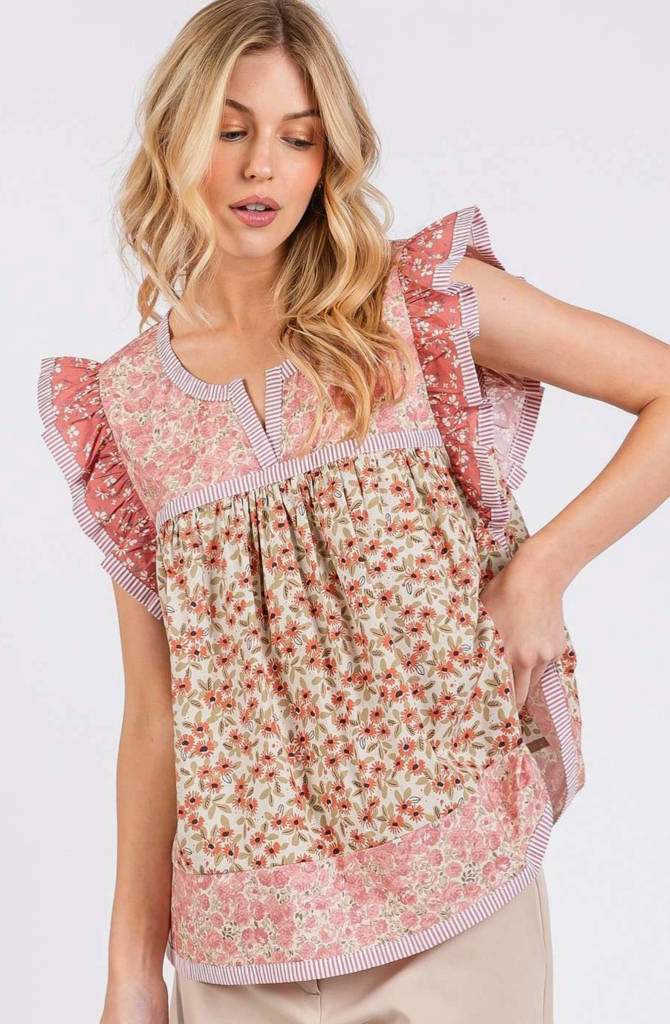 Mittoshop Patchwork Flower Ruffle Sleeve Top