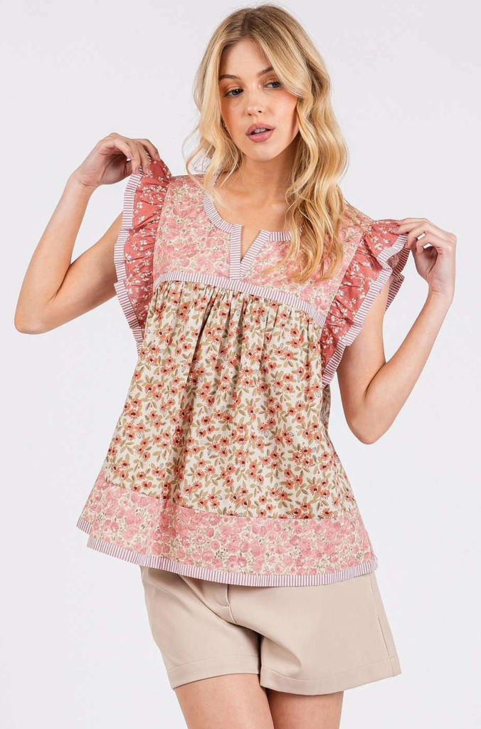Mittoshop Patchwork Flower Ruffle Sleeve Top