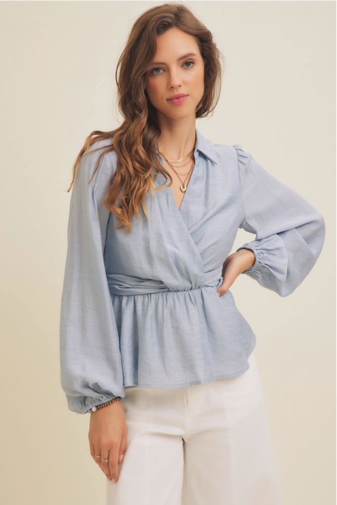 in february Surplice Peplum Blouse with Ruched Waist