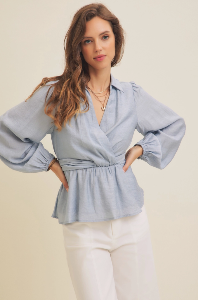 in february Surplice Peplum Blouse with Ruched Waist