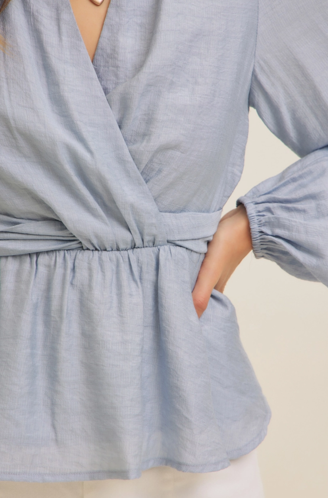 in february Surplice Peplum Blouse with Ruched Waist