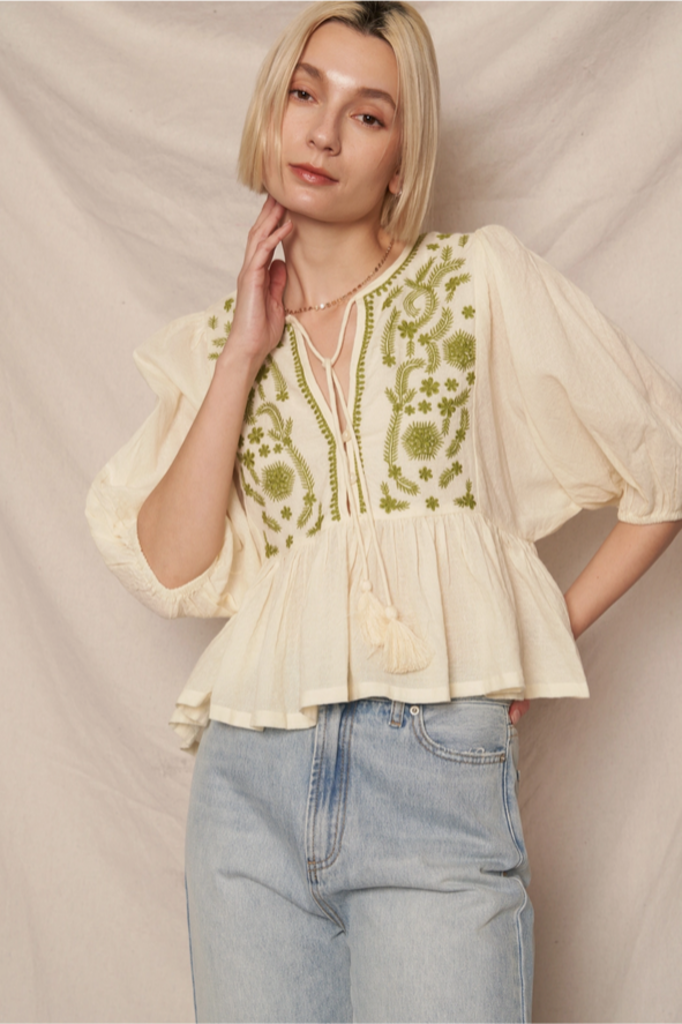 En Creme Puff Sleeve Peplum Top with Embroidery