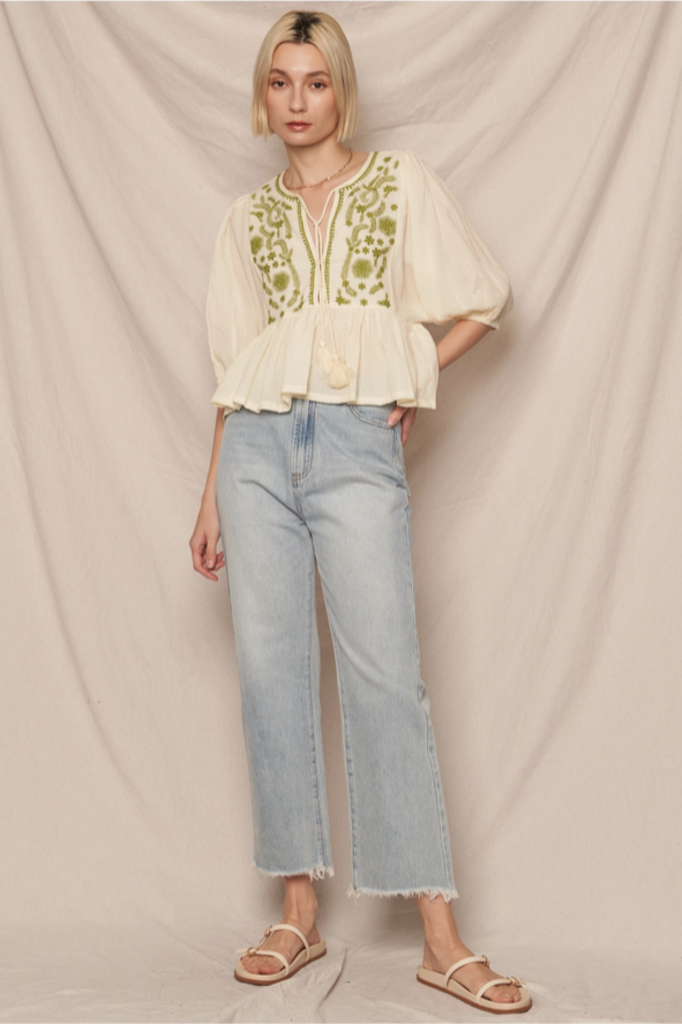 En Creme Puff Sleeve Peplum Top with Embroidery