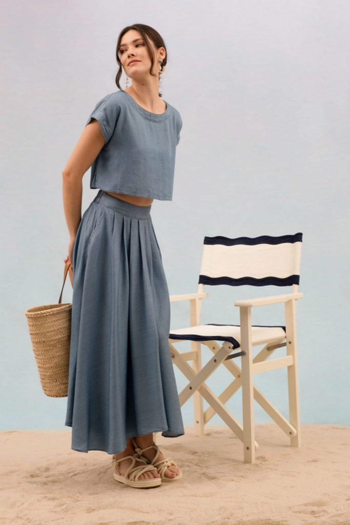 Blu Pepper Chambray Boat Neck Boxy Crop Top