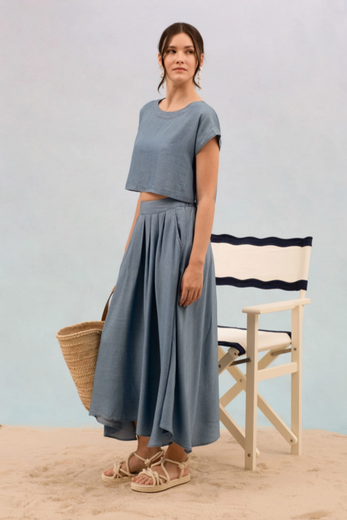 Blu Pepper Chambray Boat Neck Boxy Crop Top