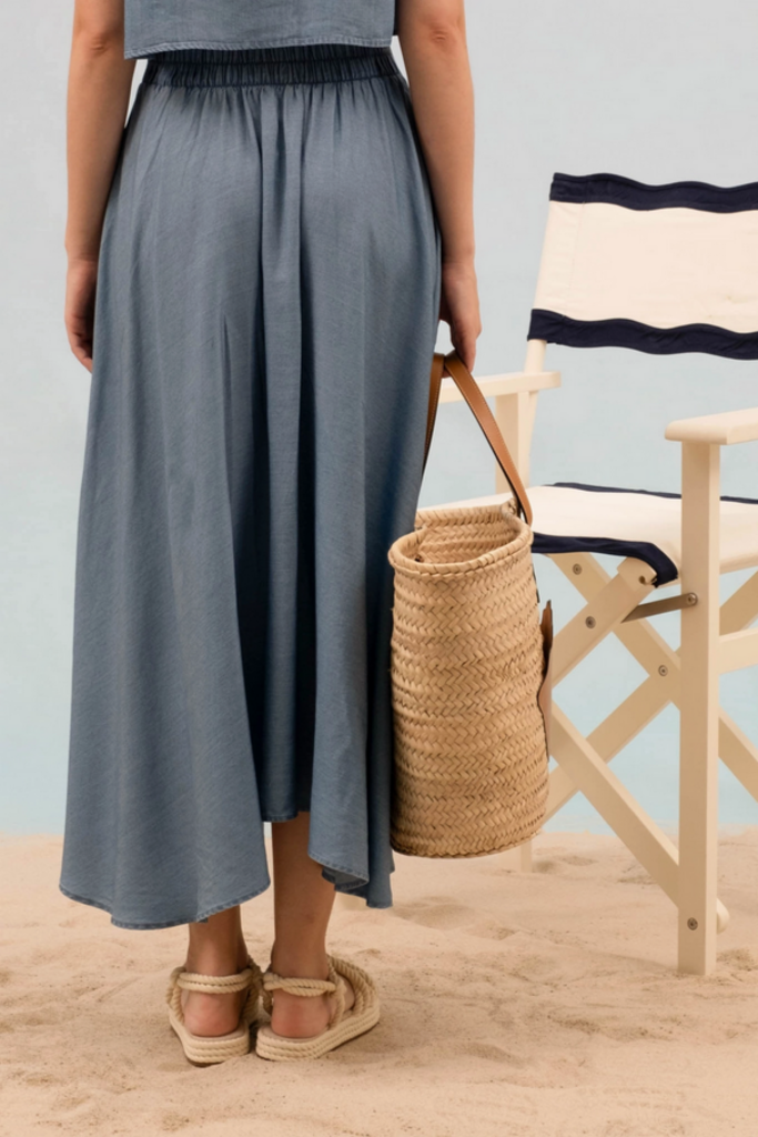 Blu Pepper Chambray Pleated Midi Skirt