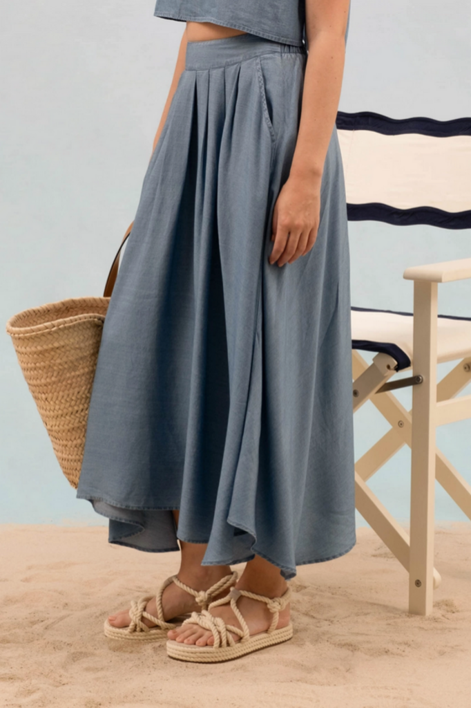Blu Pepper Chambray Pleated Midi Skirt