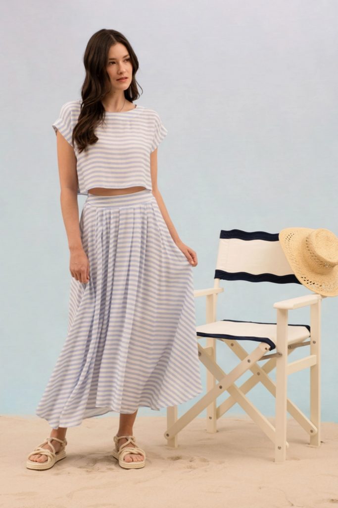 Blu Pepper Stripe High Waist Pleated Midi Skirt