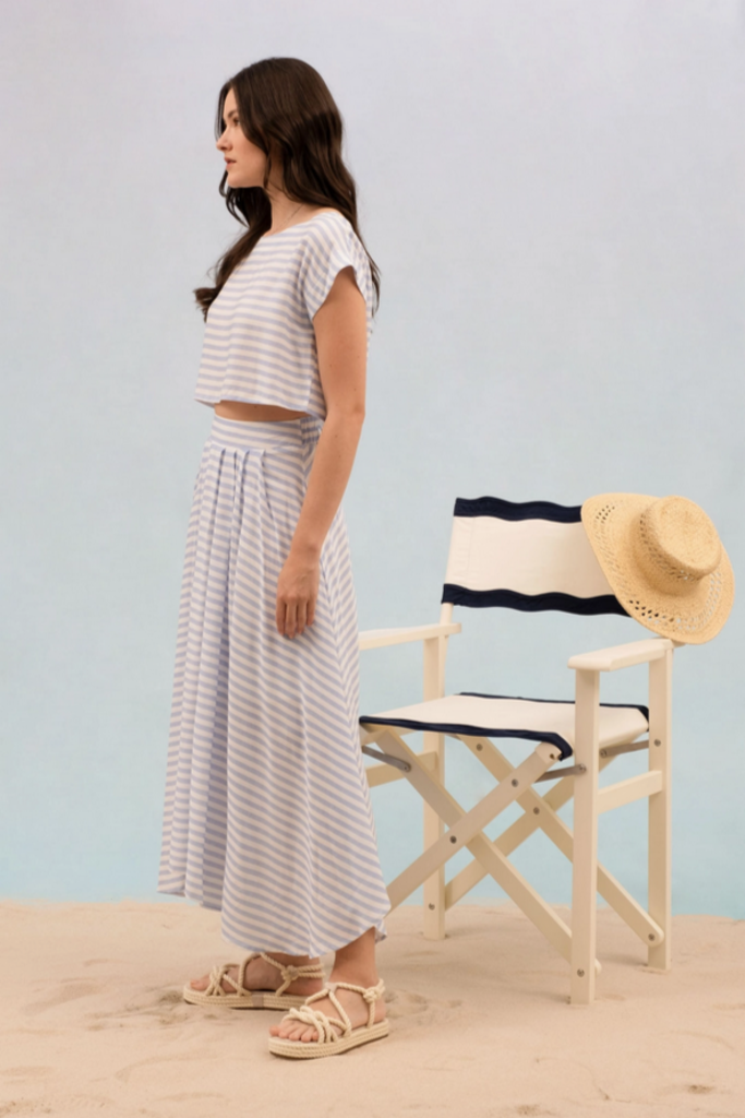 Blu Pepper Stripe High Waist Pleated Midi Skirt