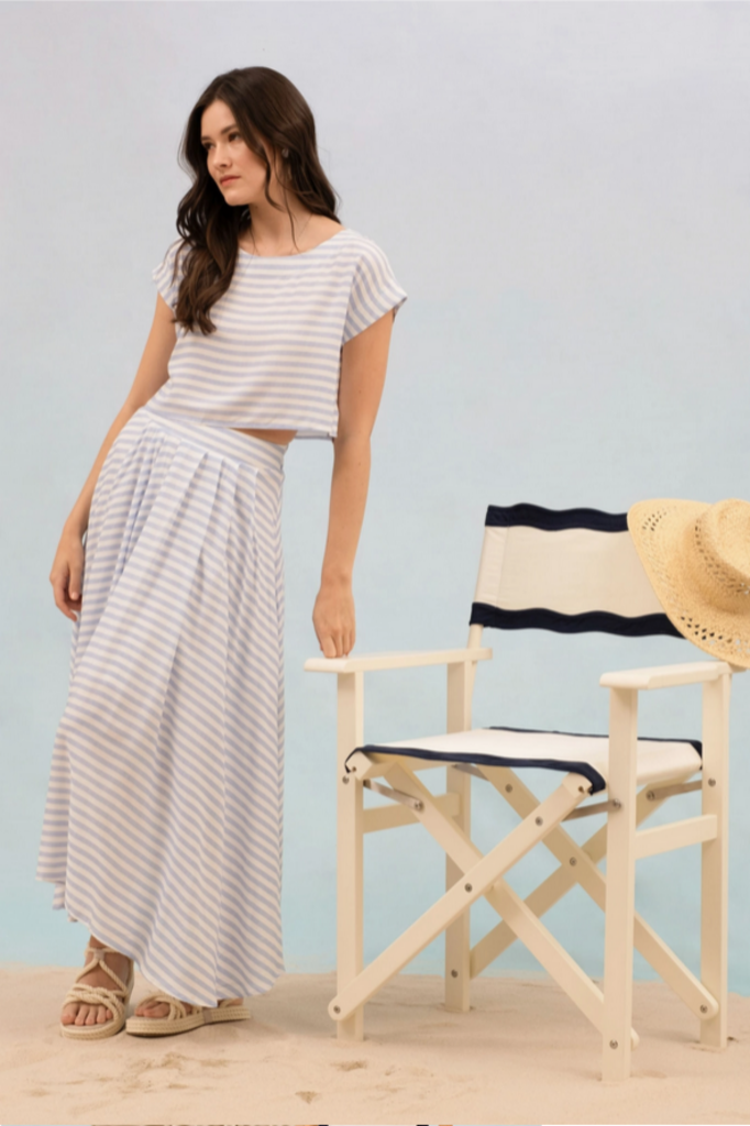 Blu Pepper Stripe High Waist Pleated Midi Skirt