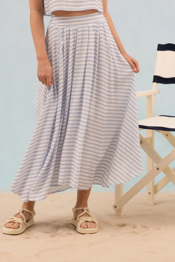 Blu Pepper Stripe High Waist Pleated Midi Skirt
