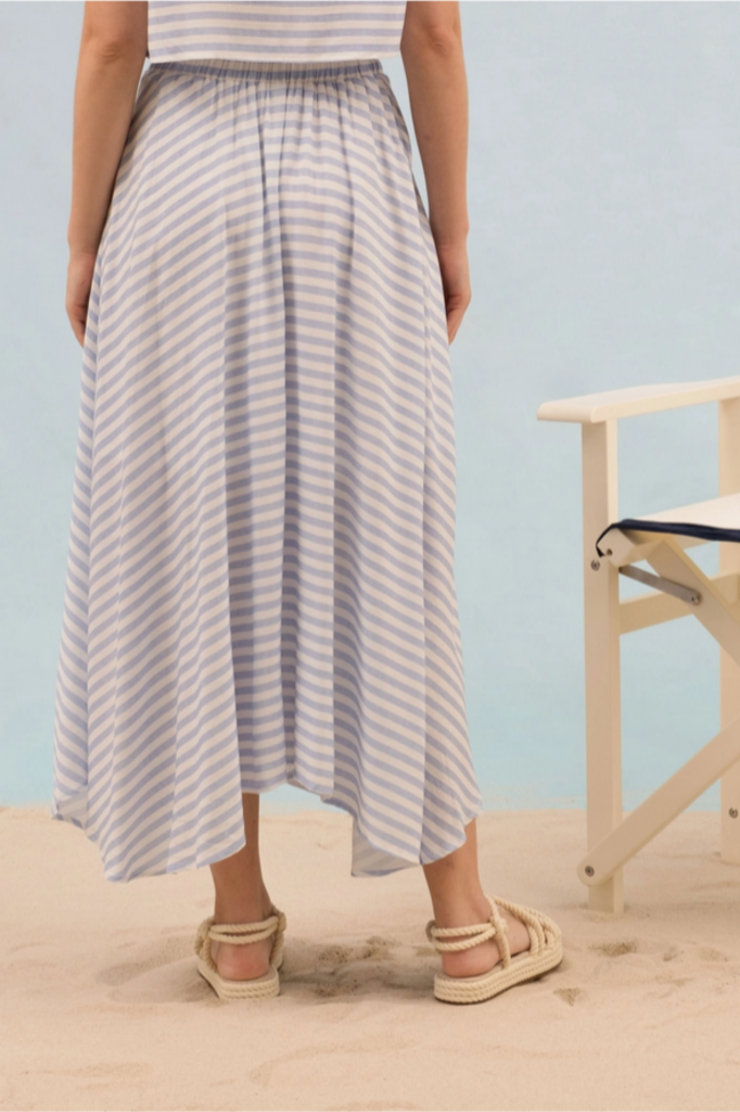 Blu Pepper Stripe High Waist Pleated Midi Skirt