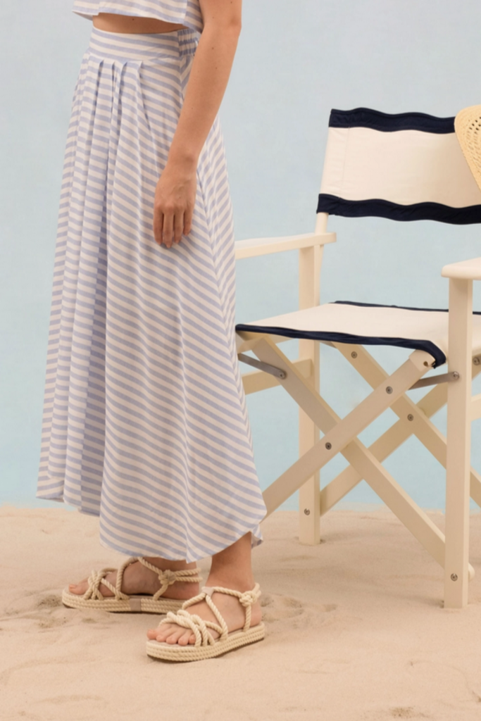 Blu Pepper Stripe High Waist Pleated Midi Skirt