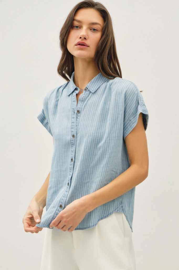 Be Cool Striped Tencel Button Up Top
