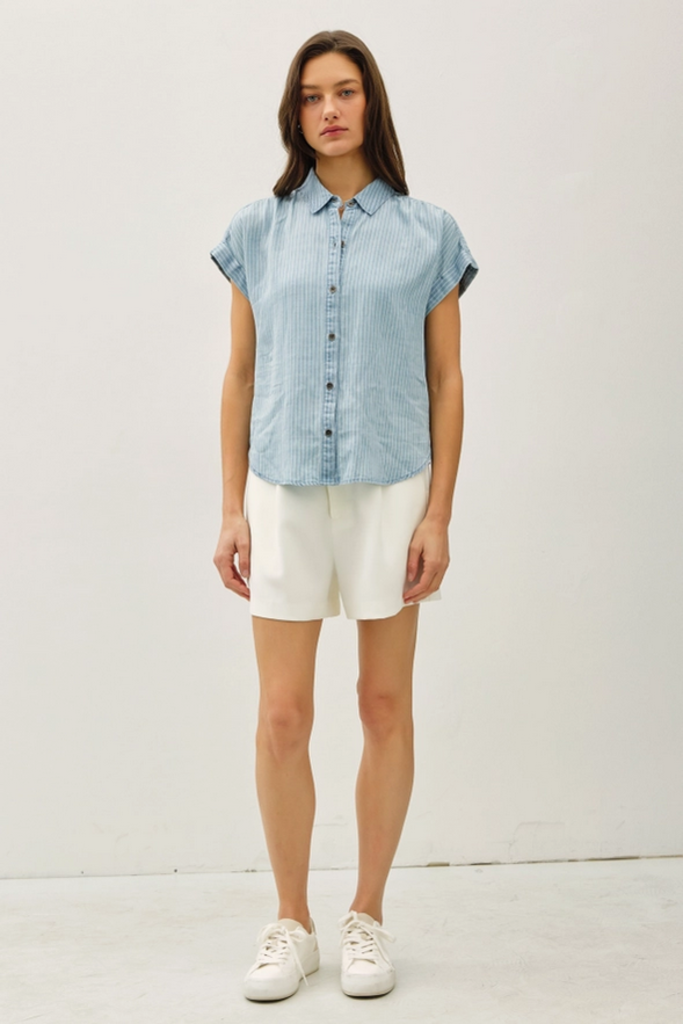 Be Cool Striped Tencel Button Up Top