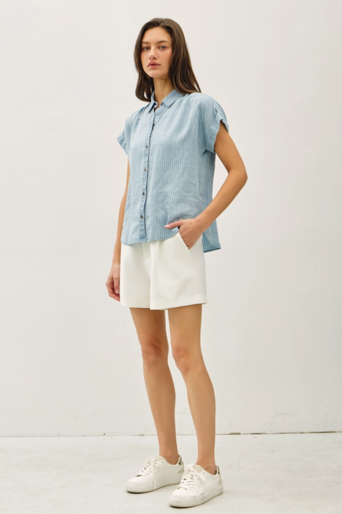 Be Cool Striped Tencel Button Up Top