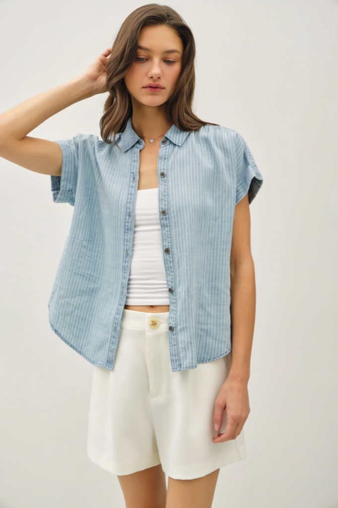 Be Cool Striped Tencel Button Up Top