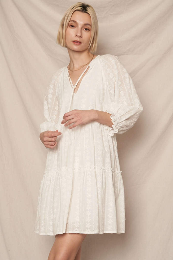 En Creme 3/4 Sleeve Lace Tiered Mini Dress