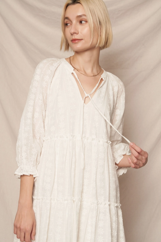 En Creme 3/4 Sleeve Lace Tiered Mini Dress