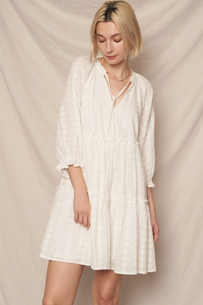 En Creme 3/4 Sleeve Lace Tiered Mini Dress