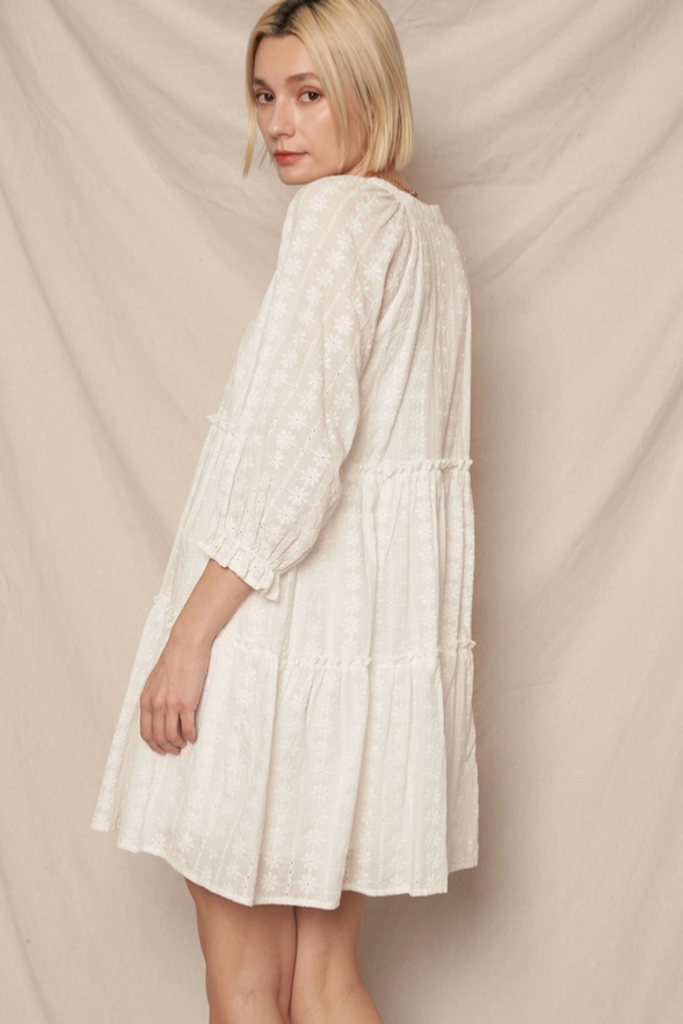 En Creme 3/4 Sleeve Lace Tiered Mini Dress