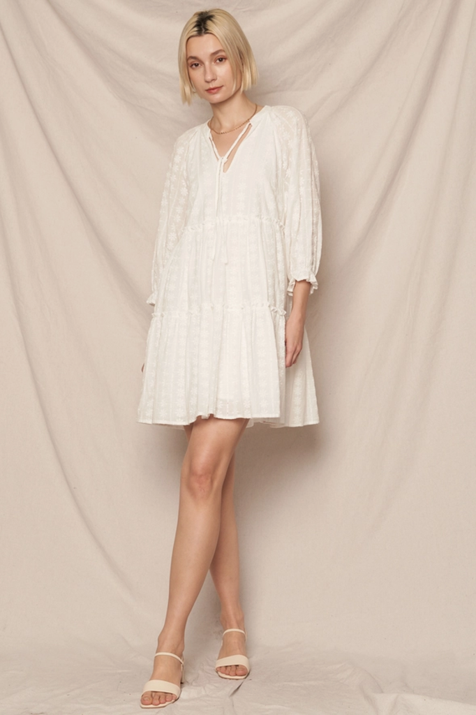 En Creme 3/4 Sleeve Lace Tiered Mini Dress