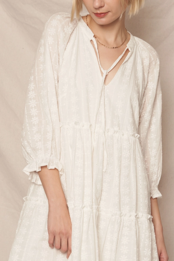 En Creme 3/4 Sleeve Lace Tiered Mini Dress